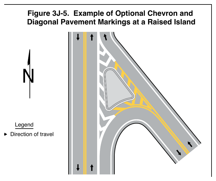 Figure 3J-5. Example of Optional Chevron and in buffer areas between the Diagonal Pavement Markings at a Raised Island channelizing line and the raised