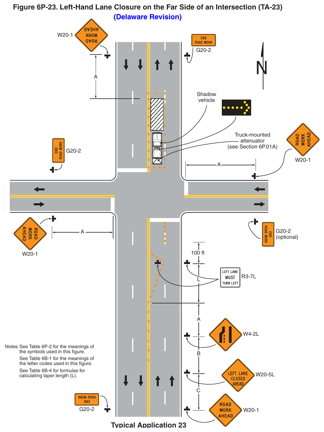Figure 6P-23. Left-Hand Lane Closure on the Far Side of an Intersection (TA-23) (Delaware Revision)