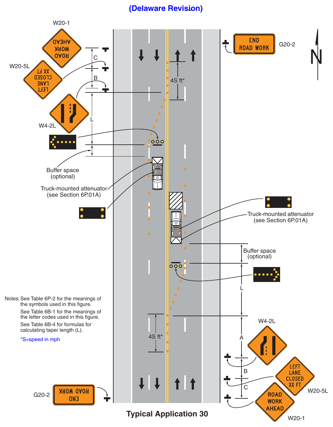 Figure 6P-30. Interior Lane Closure on a Multi-Lane Street (TA-30) (Delaware Revision)
