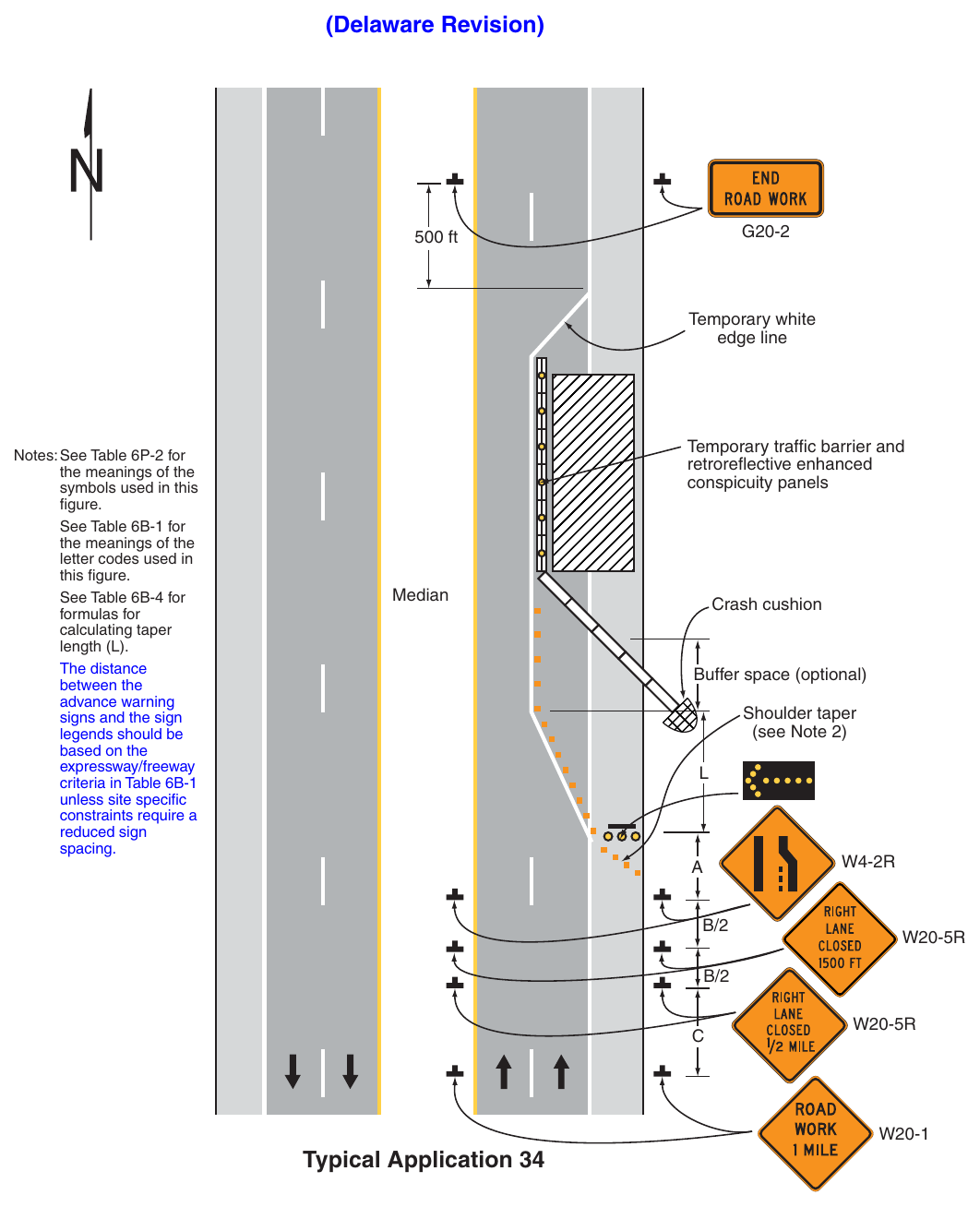 Figure 6P-34. Lane Closure with a Temporary Traffic Barrier (TA-34) (Delaware Revision)