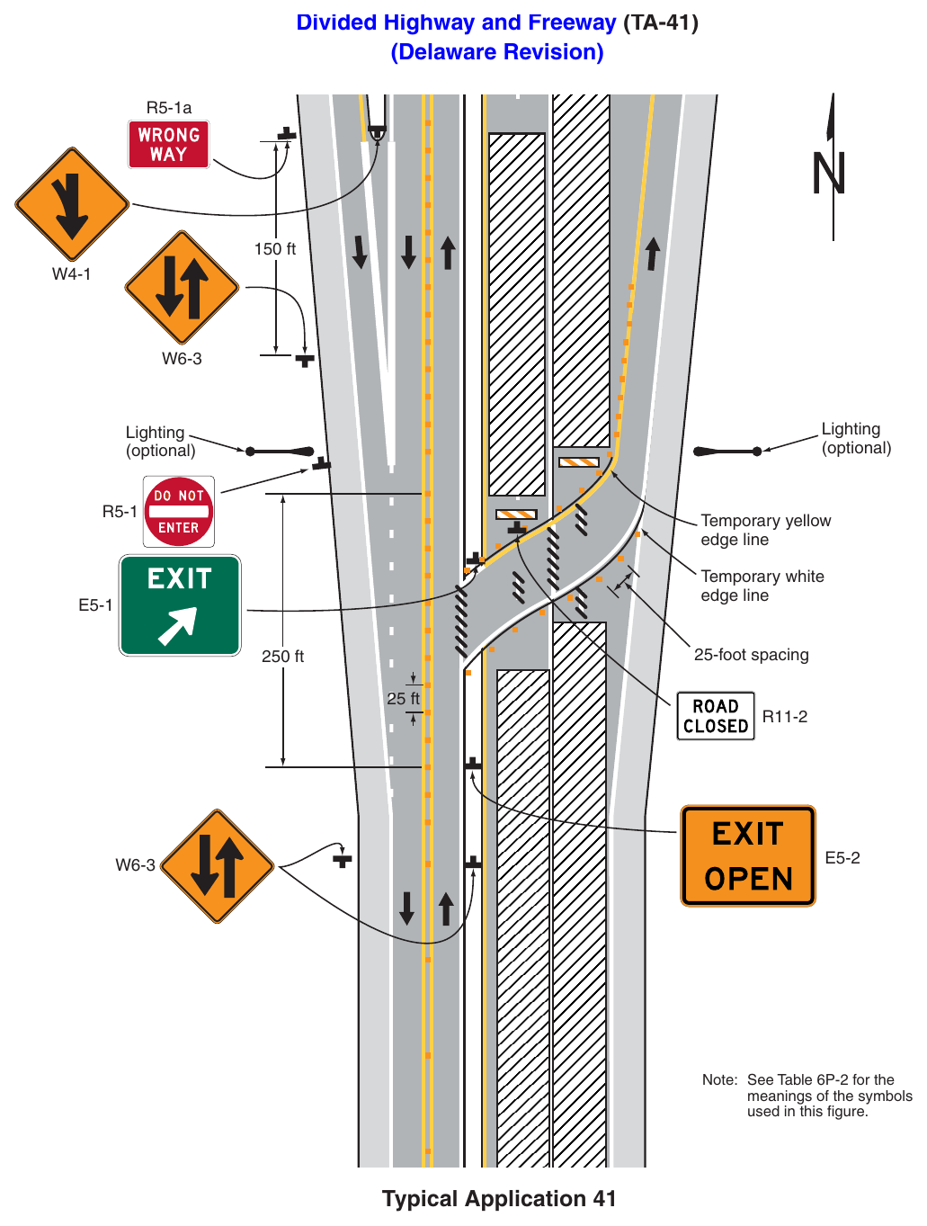 Figure 6P-41. Median Crossover for an Exit Ramp on a Multi-Lane, Divided Highway and Freeway (TA-41) (Delaware Revision)