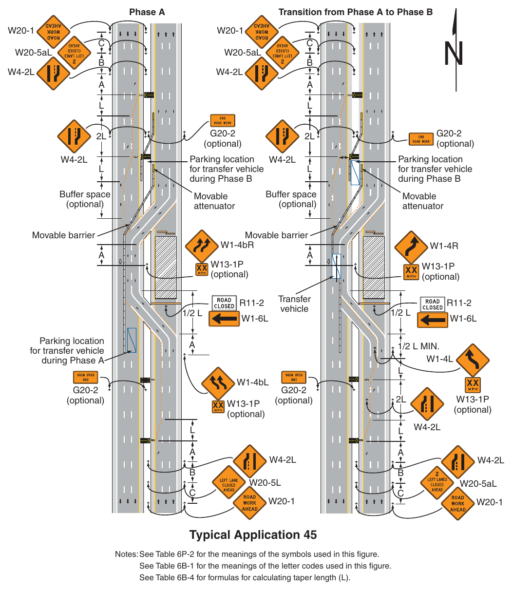 Figure 6P-45. Temporary Reversible Lane Using Movable Barriers (TA-45) Phase A