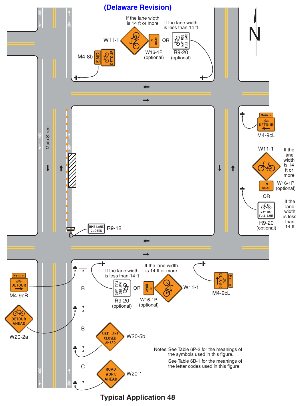 Figure 6P-48. Bicycle Lane Closure with an On-Road Detour (TA-48) (Delaware Revision) If the lane width is 14 ft or more