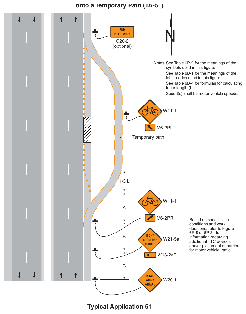 Figure 6P-51. Paved Shoulder Closure with a Bicycle Diversion onto a Temporary Path (TA-51)