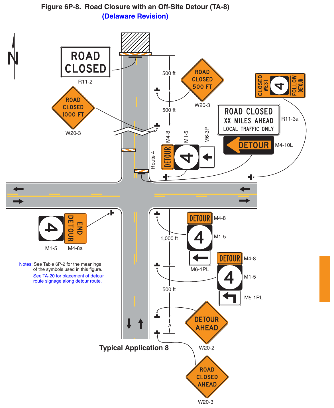 Figure 6P-8. Road Closure with an Off-Site Detour (TA-8) (Delaware Revision)