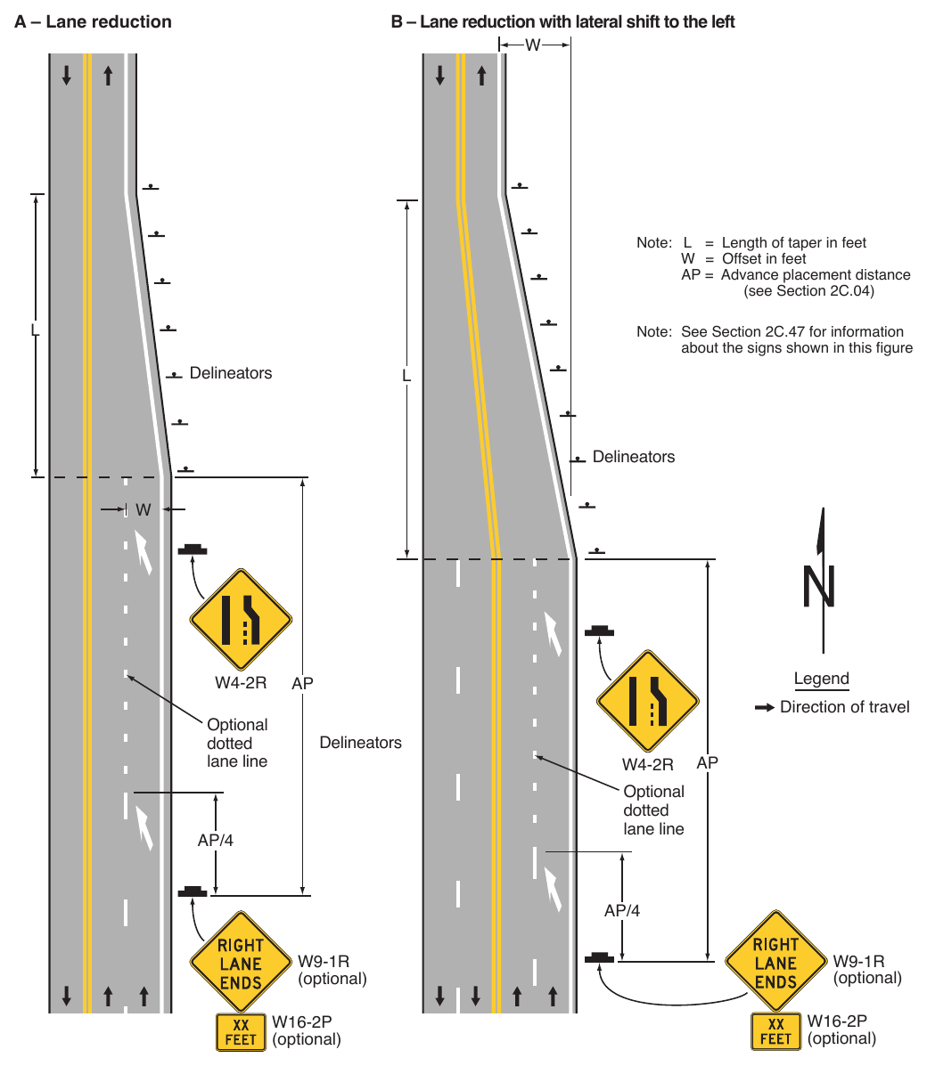 Figure 3B-14. Examples of Applications of Lane-Reduction Transition Markings