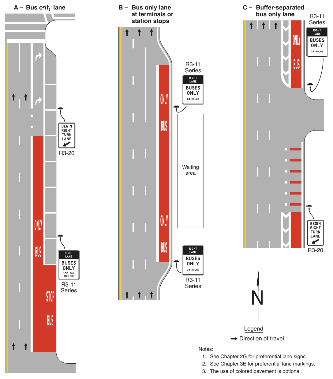 Figure 3H-5. Examples of Red-Colored Pavement Applications