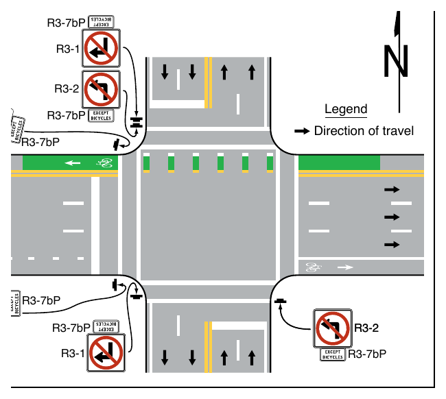 Figure 9E-8. Example of Counter-Flow Bicycle Lanes at an Intersection