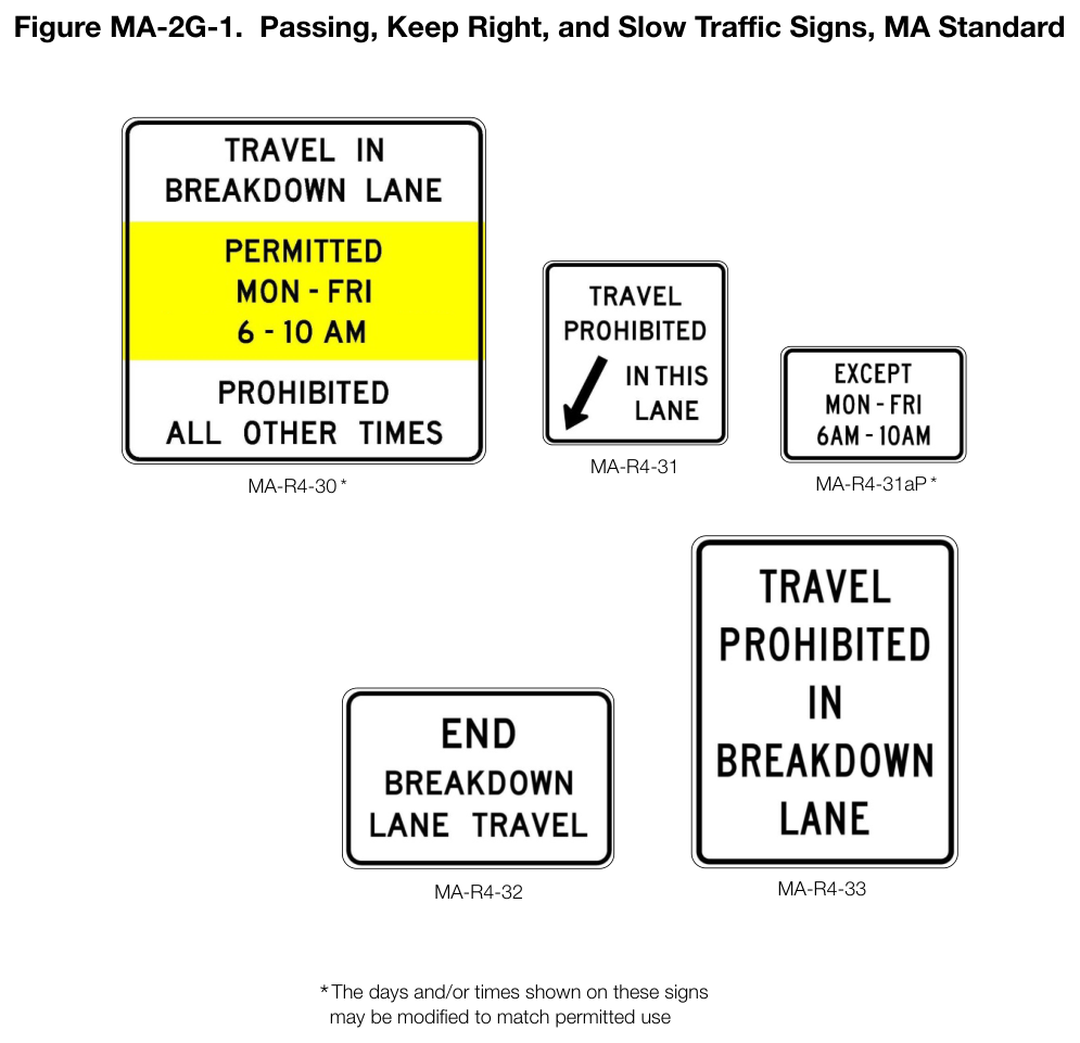 Figure MA-2G-1. Passing, Keep Right, and Slow Traffic Signs, MA Standard