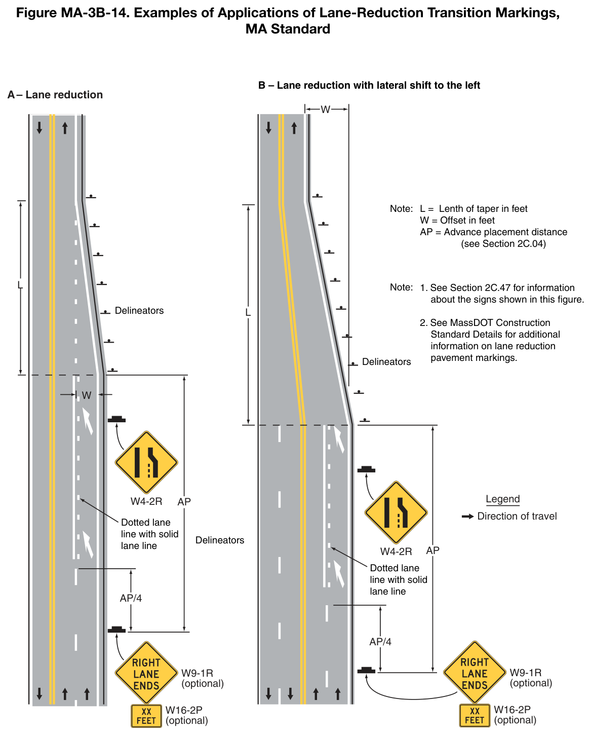 Figure MA-3B-14. Examples of Applications of Lane-Reduction Transition Markings