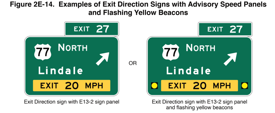 Figure 2E-14. Examples of Exit Direction Signs with Advisory Speed Panels
