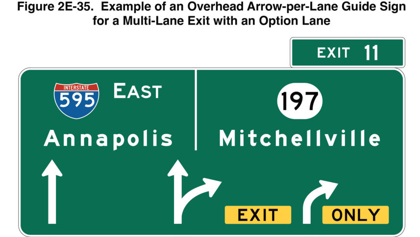Figure 2E-35. Example of an Overhead Arrow-per-Lane Guide Sign