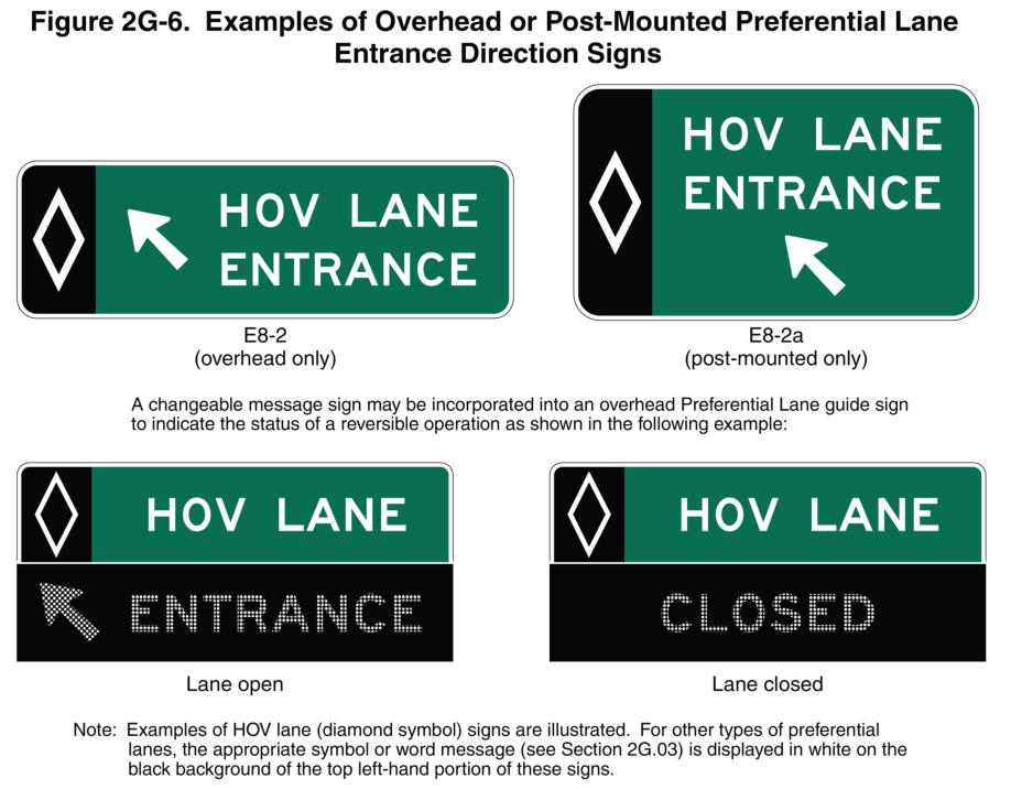 Figure 2G-6. Examples of Overhead or Post-Mounted Preferential Lane