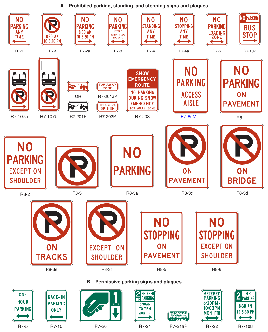 Figure 2B-25. (M) Parking, Standing, and Stopping Signs and Plaques (R7 and R8 Series) (Sheet 1 of 2)