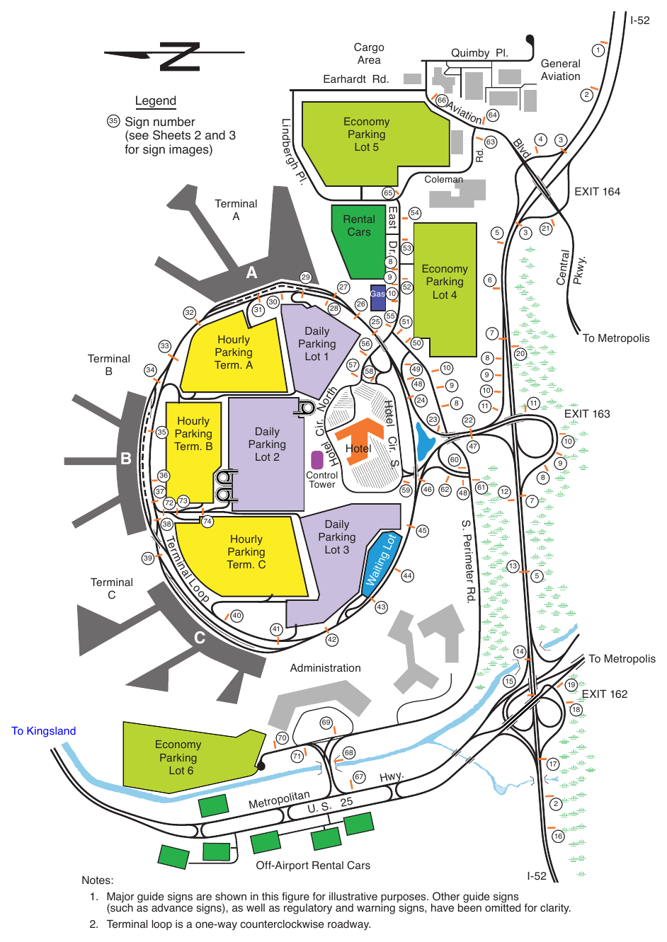Figure 2D-39. (M) Example of a System of Major Guide Signs for an Airport Roadway Network (Sheet 1 of 3)