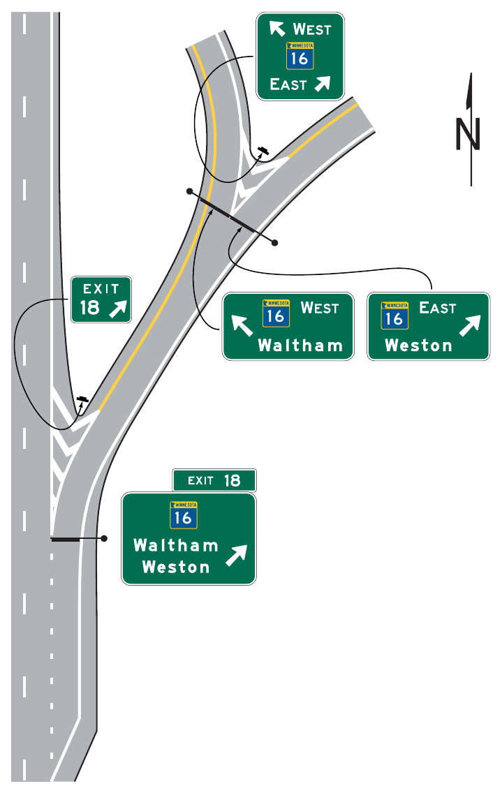 Figure 2E-25. (M) Examples of Signing for an Interchange Exit Ramp with a Downstream Split (Sheet 1 of 2)