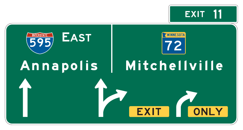 Figure 2E-35. (M) Example of an Overhead Arrow-per-Lane Guide Sign for a Multi-Lane Exit with an Option Lane