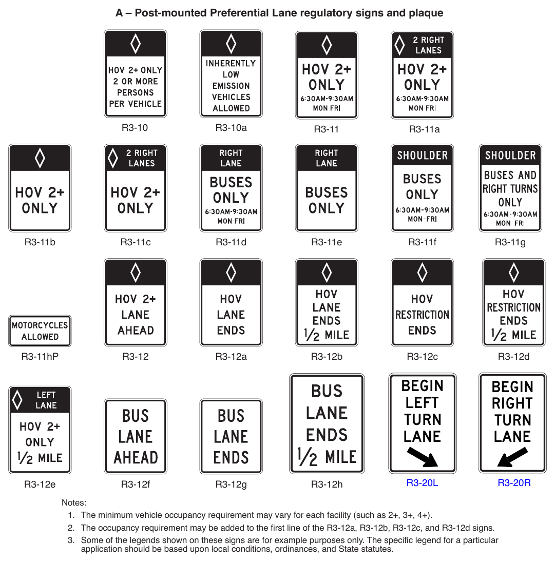 Figure 2G-1. (M) Preferential Lane Regulatory Signs and Plaque (Sheet 1 of 2)