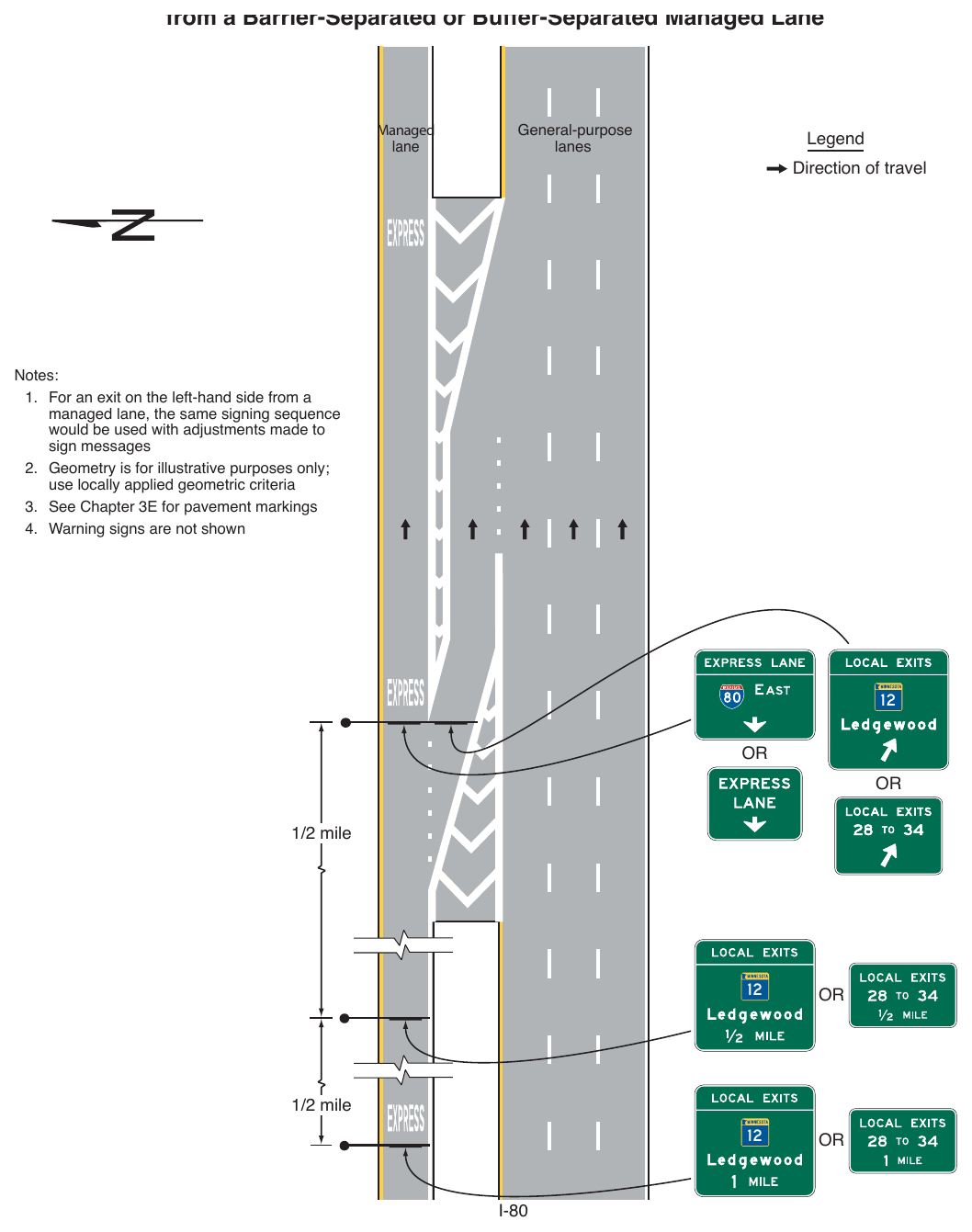 Figure 2G-27. (M) Examples of Guide Signs for an Intermediate Egress from a Barrier-Separated or Buffer-Separated Managed Lane