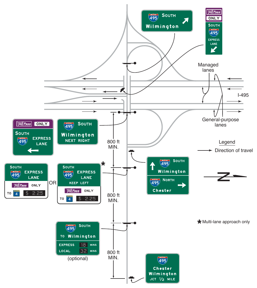 Figure 2G-31. (M) Examples of Guide Signs for Separate Entrance Ramps to General-Purpose and Priced Managed Lanes from the Same Crossroad