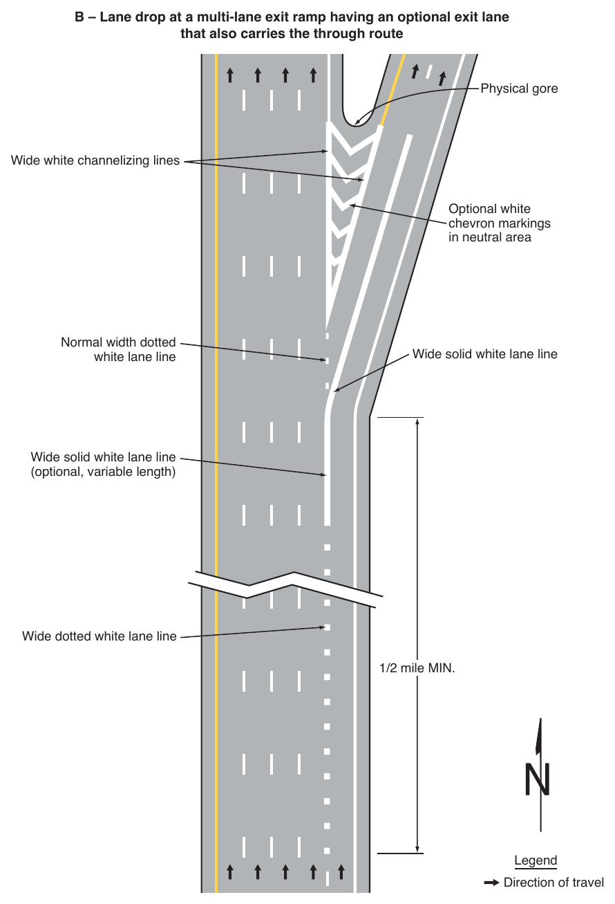 Figure 3B-11. (M) Examples of Applications of Freeway and Expressway Lane-Drop Markings (Sheet 2 of 6)