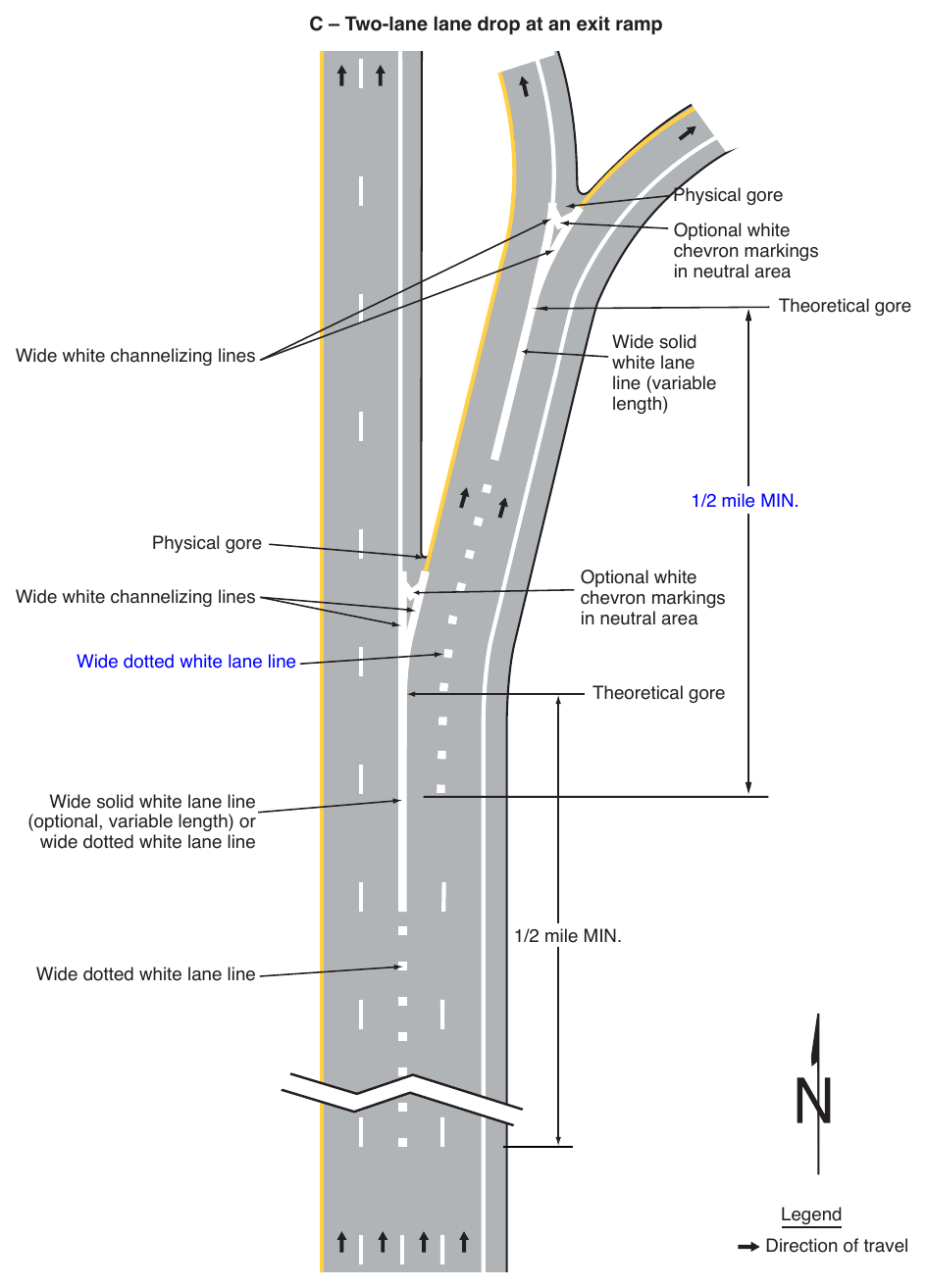 Figure 3B-11. (M) Examples of Applications of Freeway and Expressway Lane-Drop Markings (Sheet 3 of 6)