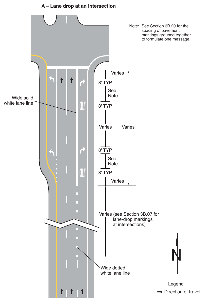 Figure 3B-12. (M) Examples of Applications of Conventional Road Lane-Drop Markings (Sheet 1 of 2)