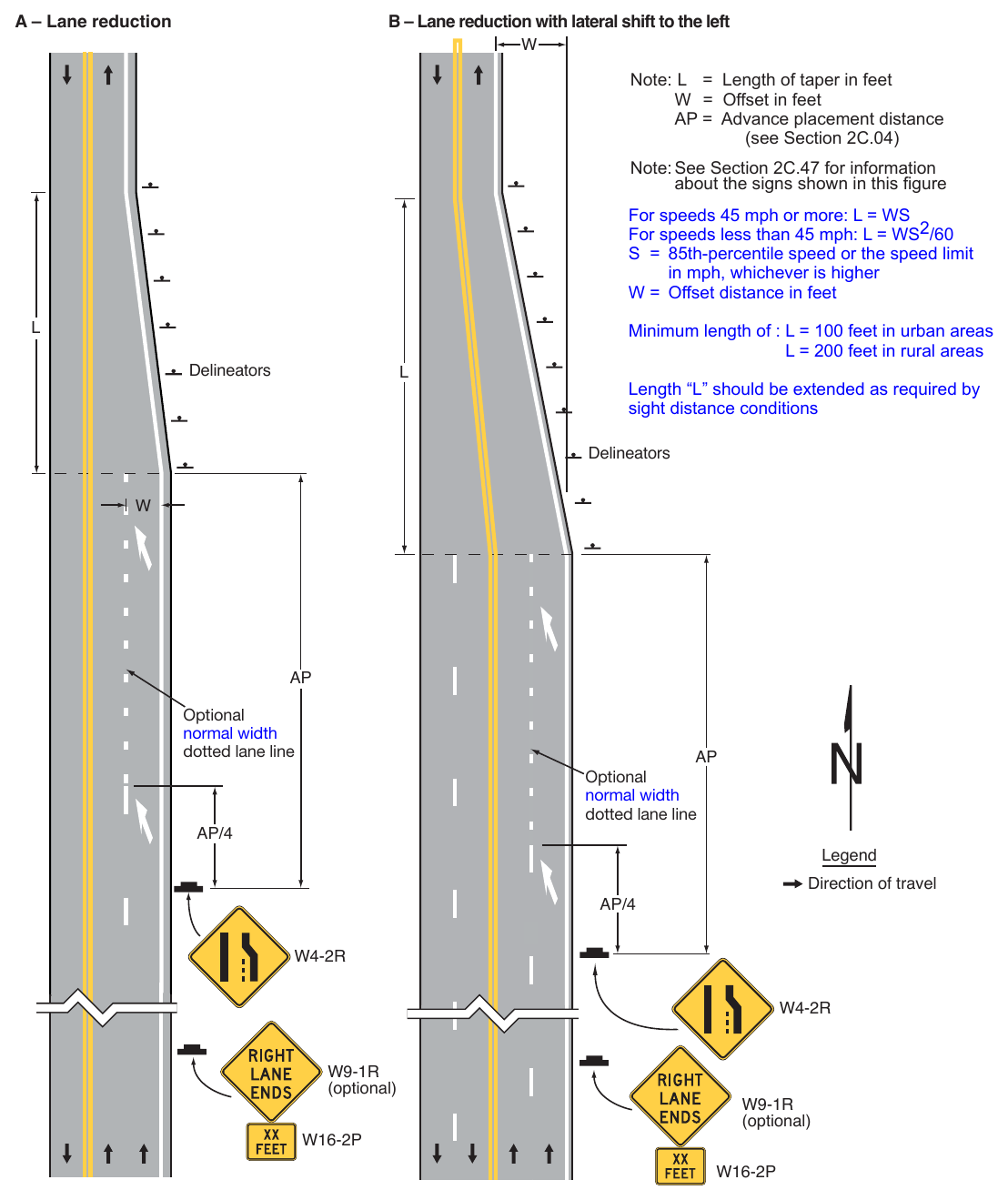 Figure 3B-14. (M) Examples of Applications of Lane-Reduction Transition Markings