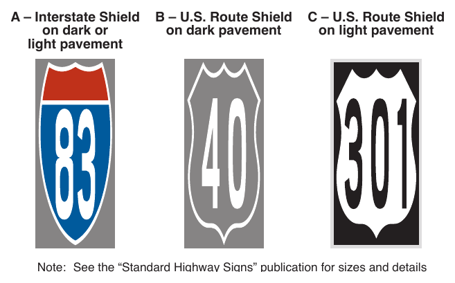 Figure 3B-18. (M) Examples of Elongated Route Shields and Markers Applied as Pavement Markings