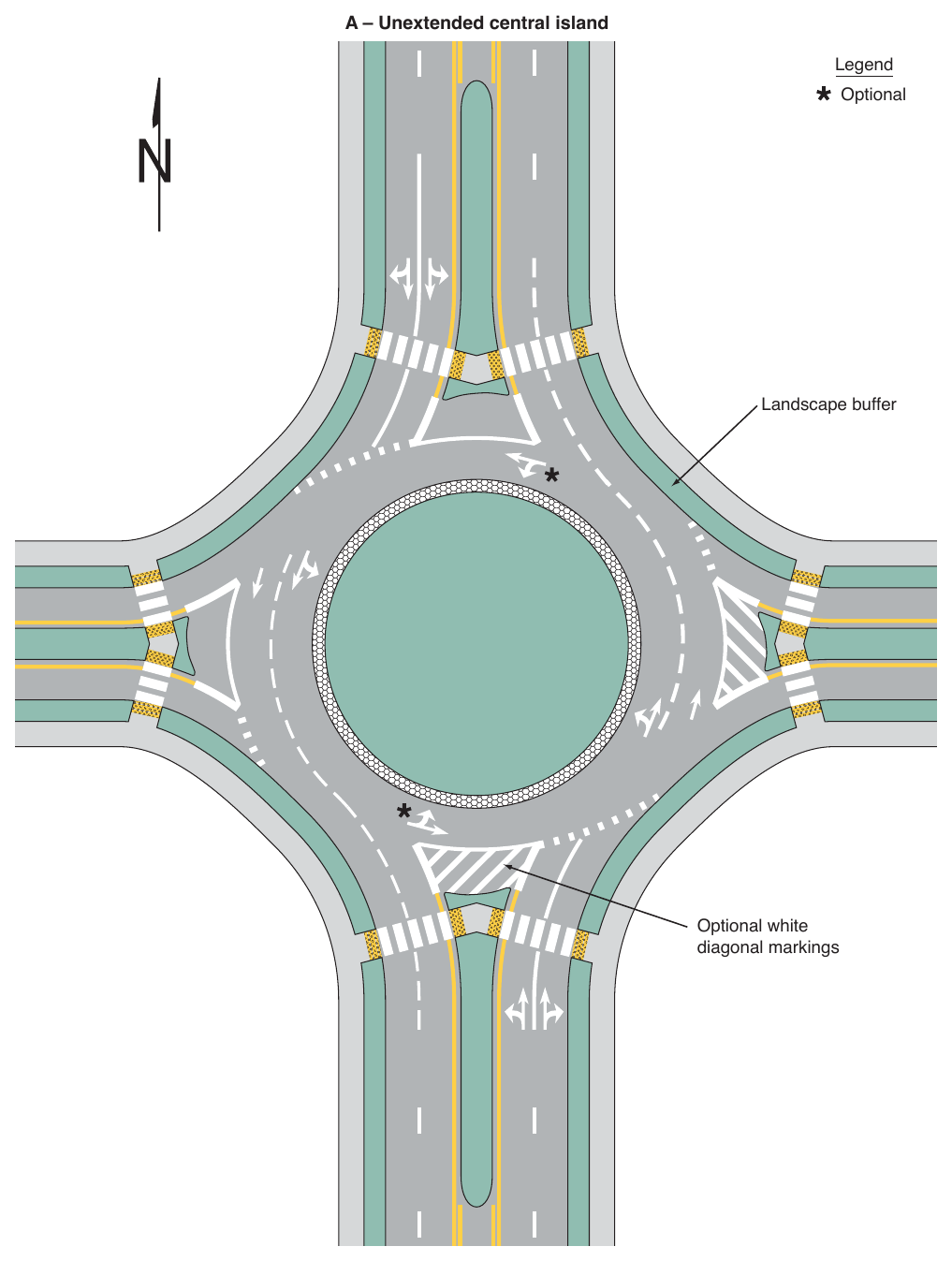 Figure 3D-3. (M) Example of Markings for a Two-Lane Roundabout with One-Lane and Two-Lane Approaches (Sheet 1 of 2)