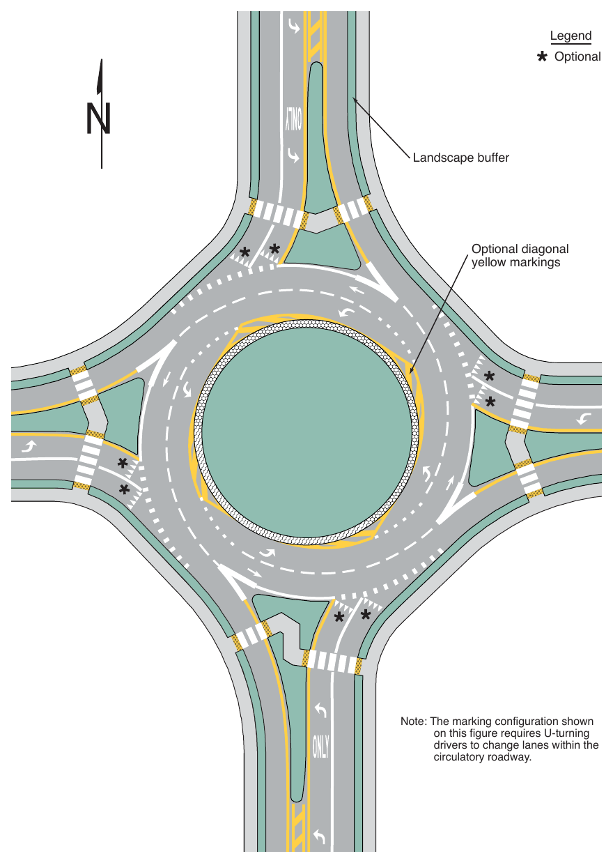 Figure 3D-4. (M) Example of Markings for a Two-Lane Roundabout with One-Lane Exits