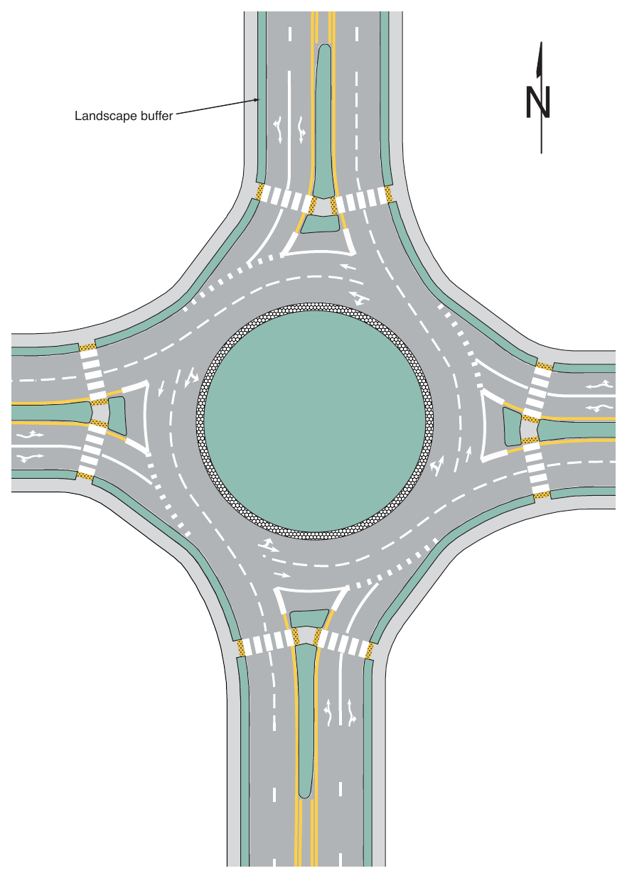Figure 3D-5. (M) Example of Markings for a Two-Lane Roundabout with Two-Lane Exits