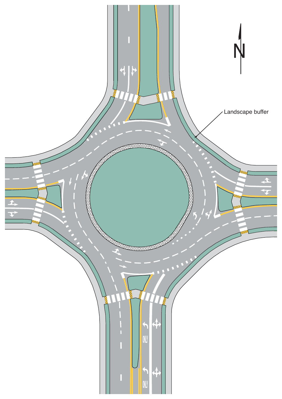 Figure 3D-6. (M) Example of Markings for a Two-Lane Roundabout with a Double Left Turn