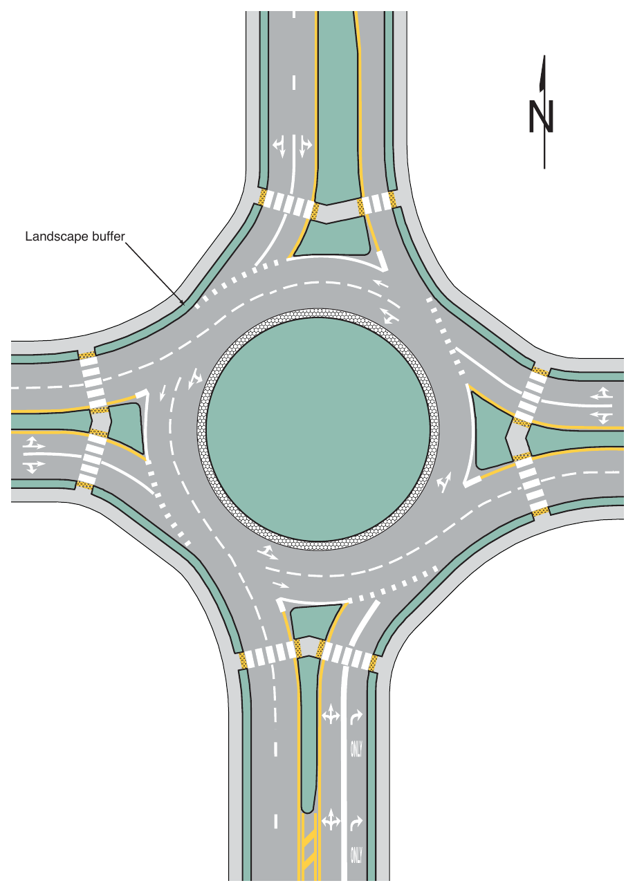 Figure 3D-7. (M) Example of Markings for a Two-Lane Roundabout with a Double Right Turn
