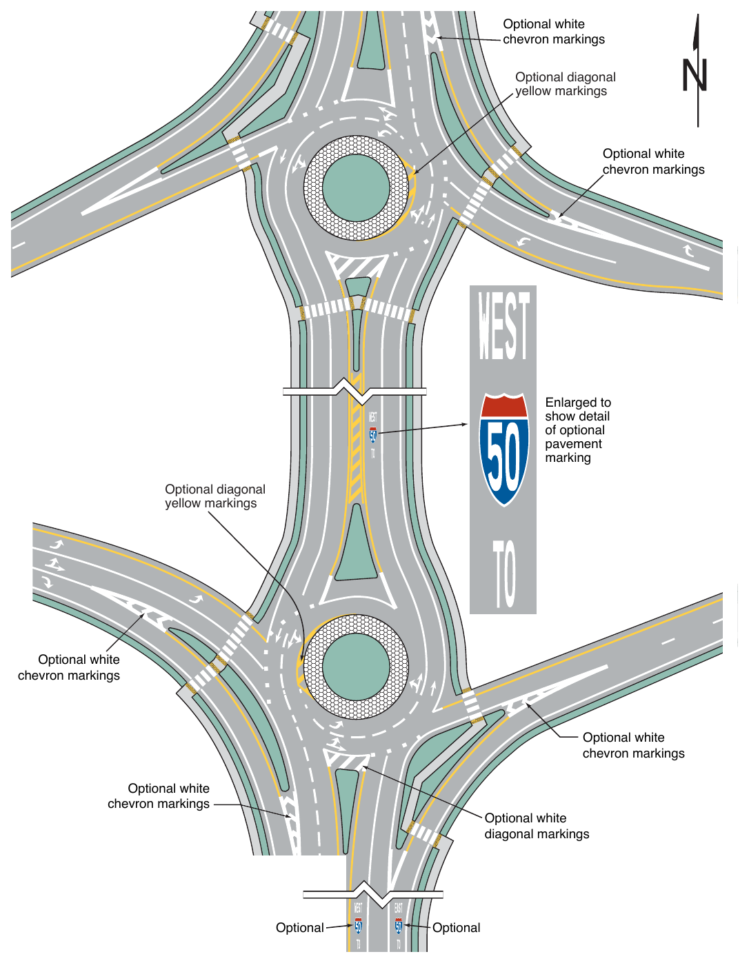 Figure 3D-8. (M) Example of Markings for a Diamond Interchange with Two Circular-Shaped Roundabout Ramp Terminals