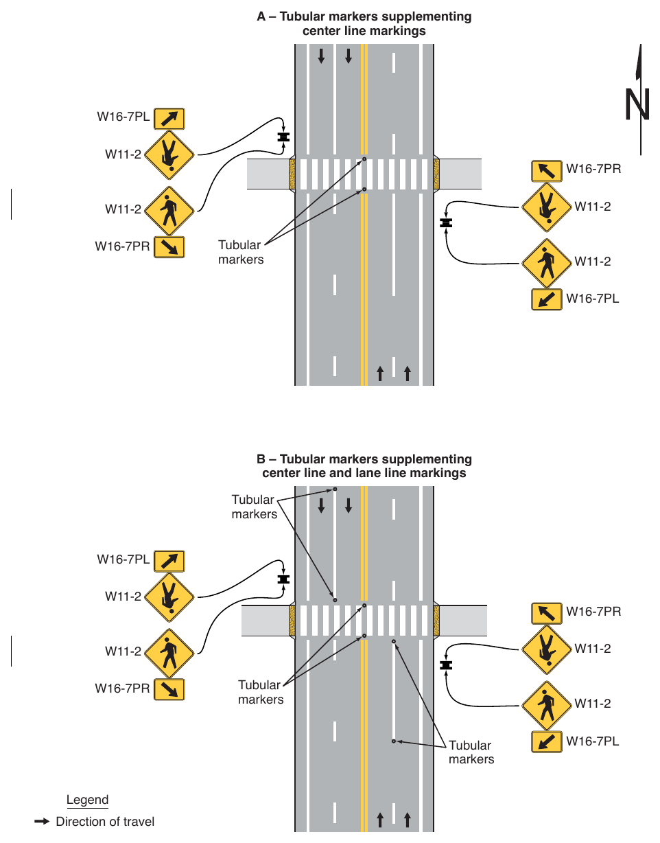 Figure 3I-1. (M) Examples of Tubular Markers Supplementing Pavement Markings in Advance of an Unsignalized Crosswalk (Sheet 1 of 2)