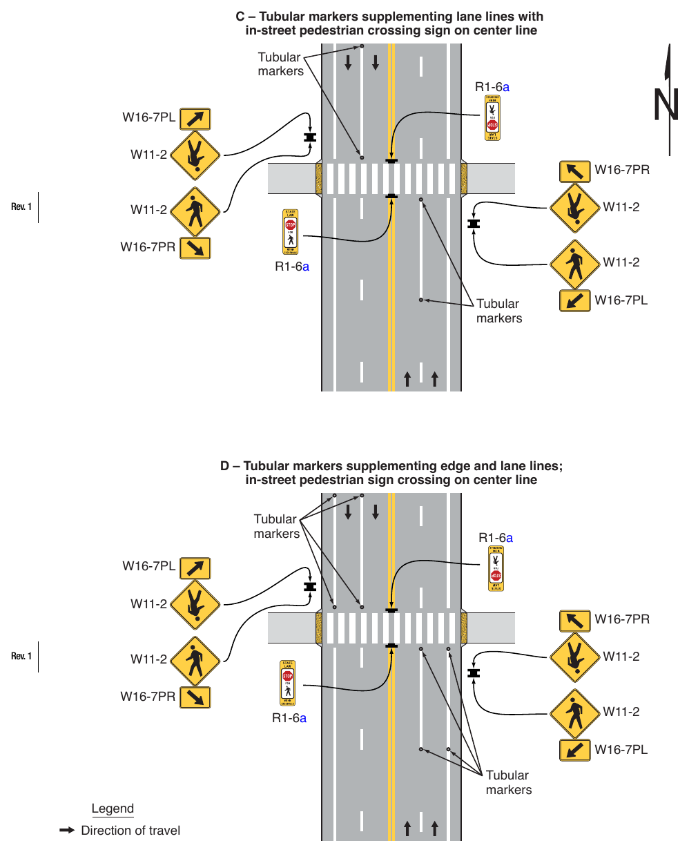 Figure 3I-1. (M) Examples of Tubular Markers Supplementing Pavement Markings in Advance of an Unsignalized Crosswalk (Sheet 2 of 2)