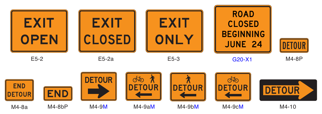 Figure 6I-1. (M) Exit Open and Closed and Detour Signs and Plaques