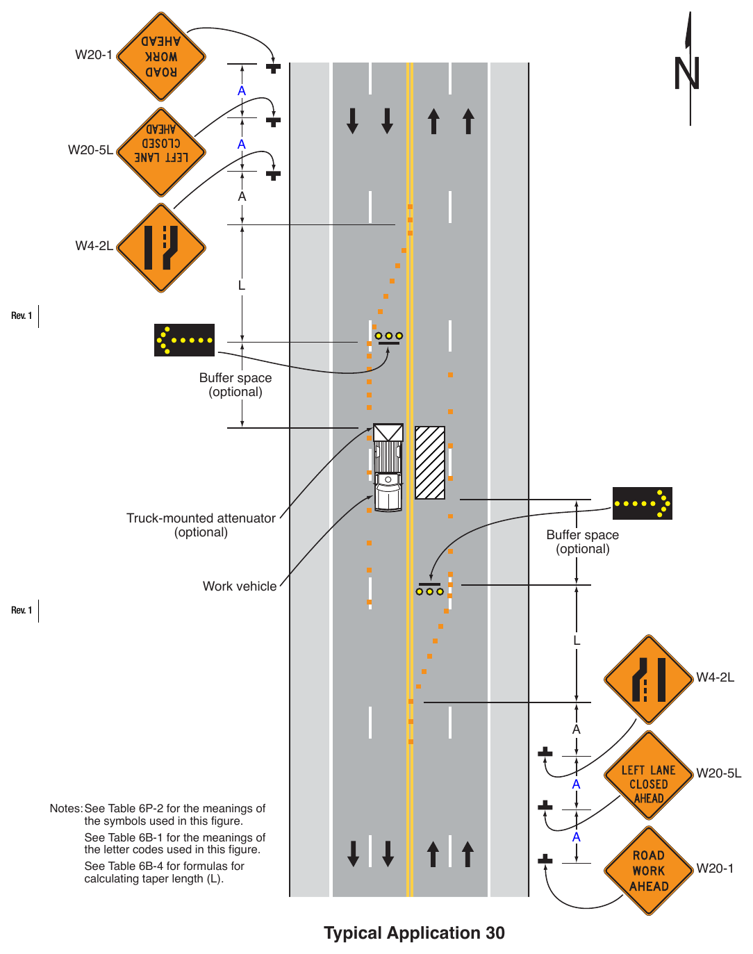 Figure 6P-30. (M) Interior Lane Closure on a Multi-Lane Street (TA-30)