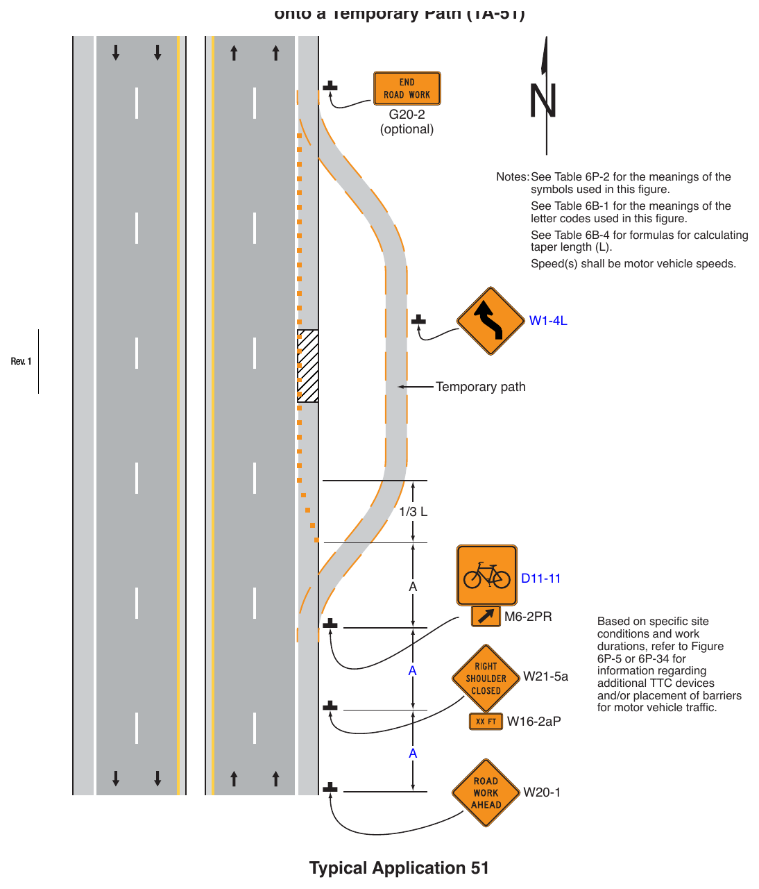 Figure 6P-51. (M) Paved Shoulder Closure with a Bicycle Diversion onto a Temporary Path (TA-51)