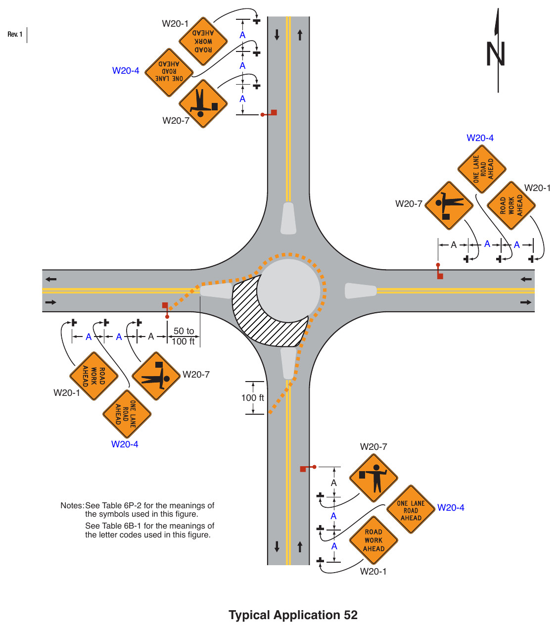 Figure 6P-52. (M) Short-Term or Short-Duration Work in a Circular Intersection (TA-52)