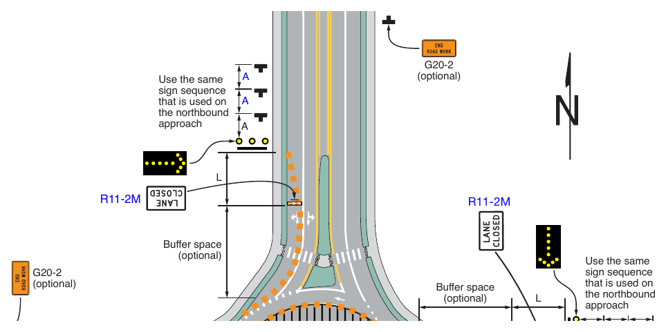 Figure 6P-54. (M) Inside Lane Closure on a Multi-Lane Circular Intersection (TA-54)