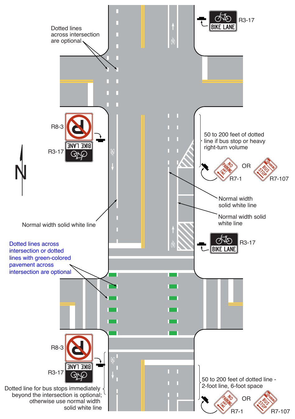 Figure 9E-2. (M) Example of Pavement Markings for Bicycle Lanes on a Two-Way Street