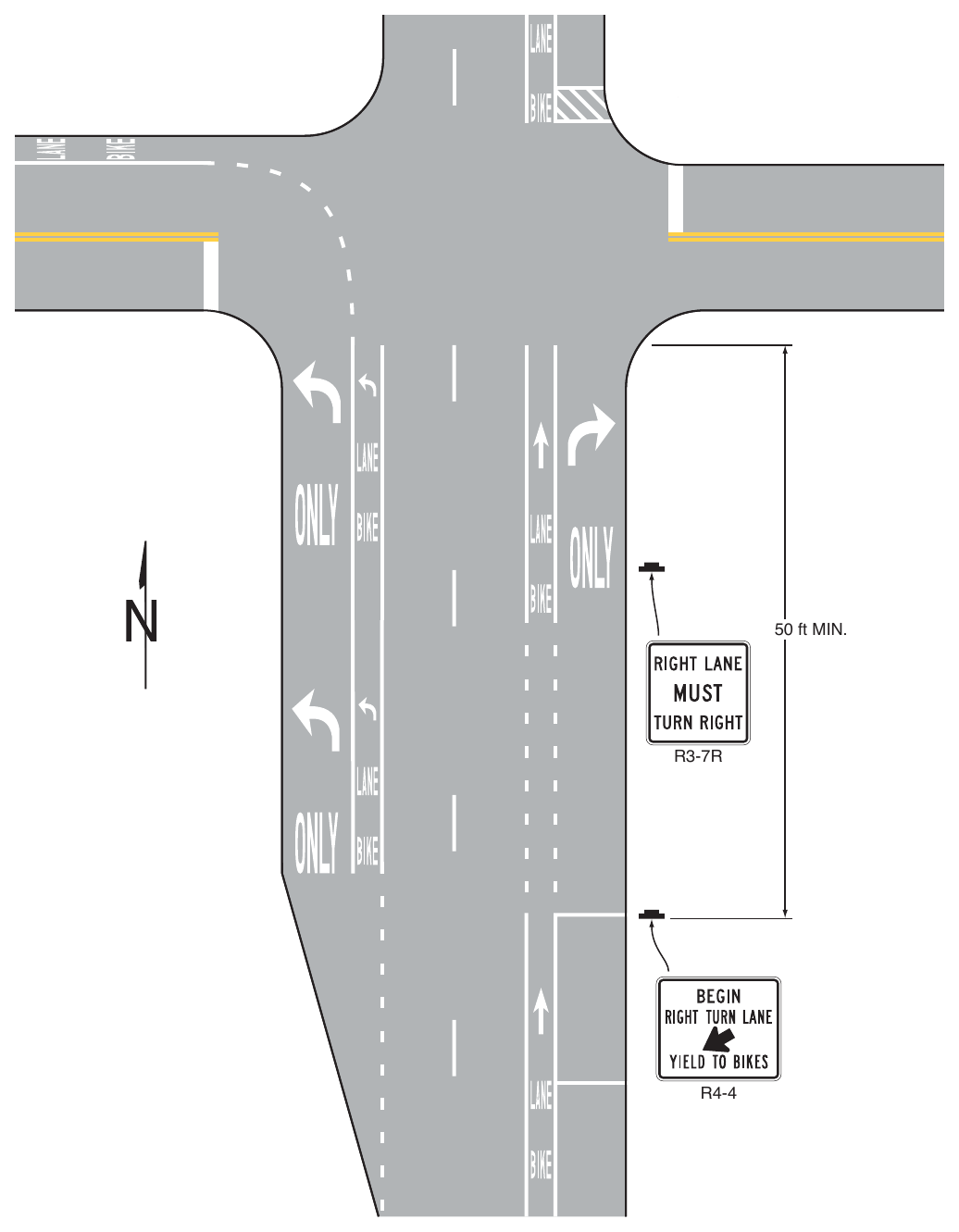 Figure 9E-3. (M) Examples of Bicycle Lane Markings on an Approach to an Intersection (Sheet 3 of 3)