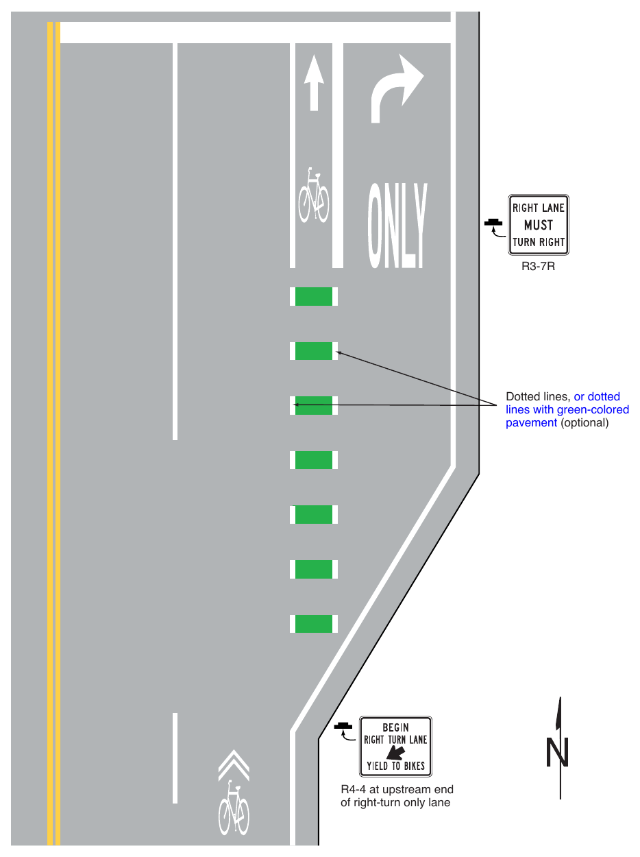 Figure 9E-4. (M) Example of Bicycle Lane Markings on an Approach to an Intersection that Transitions from a Shared Lane