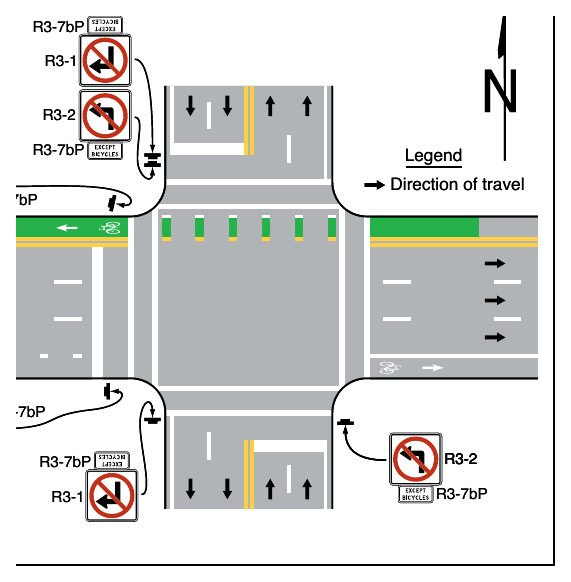 Figure 9E-8. Example of Counter-Flow Bicycle Lanes at an Intersection