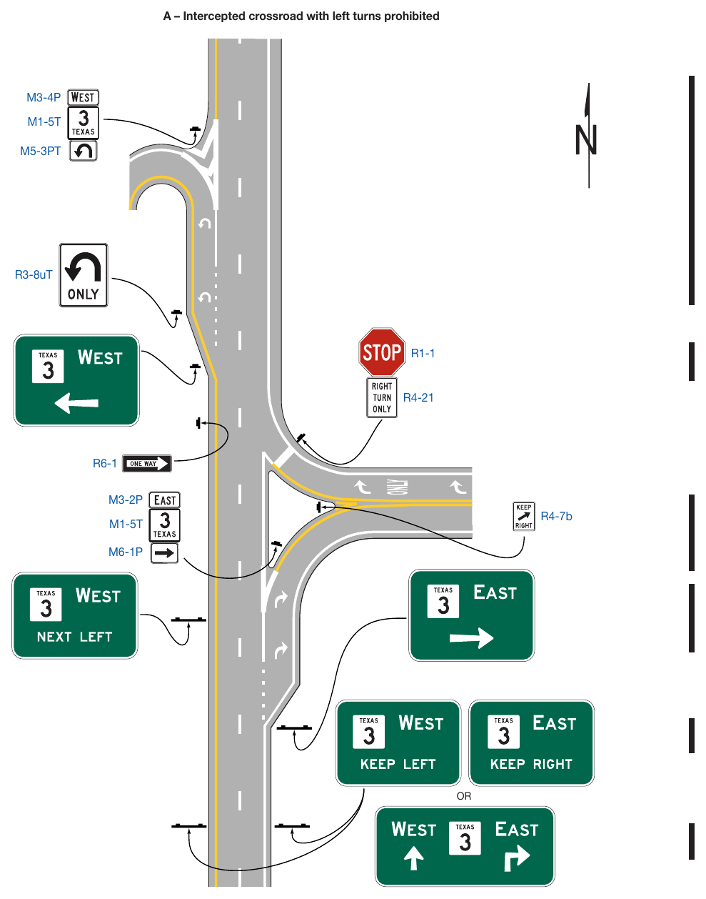 Figure 2D-13. Examples of Signing for Intersections with Indirect Left Turns (Sheet 1 of 3)