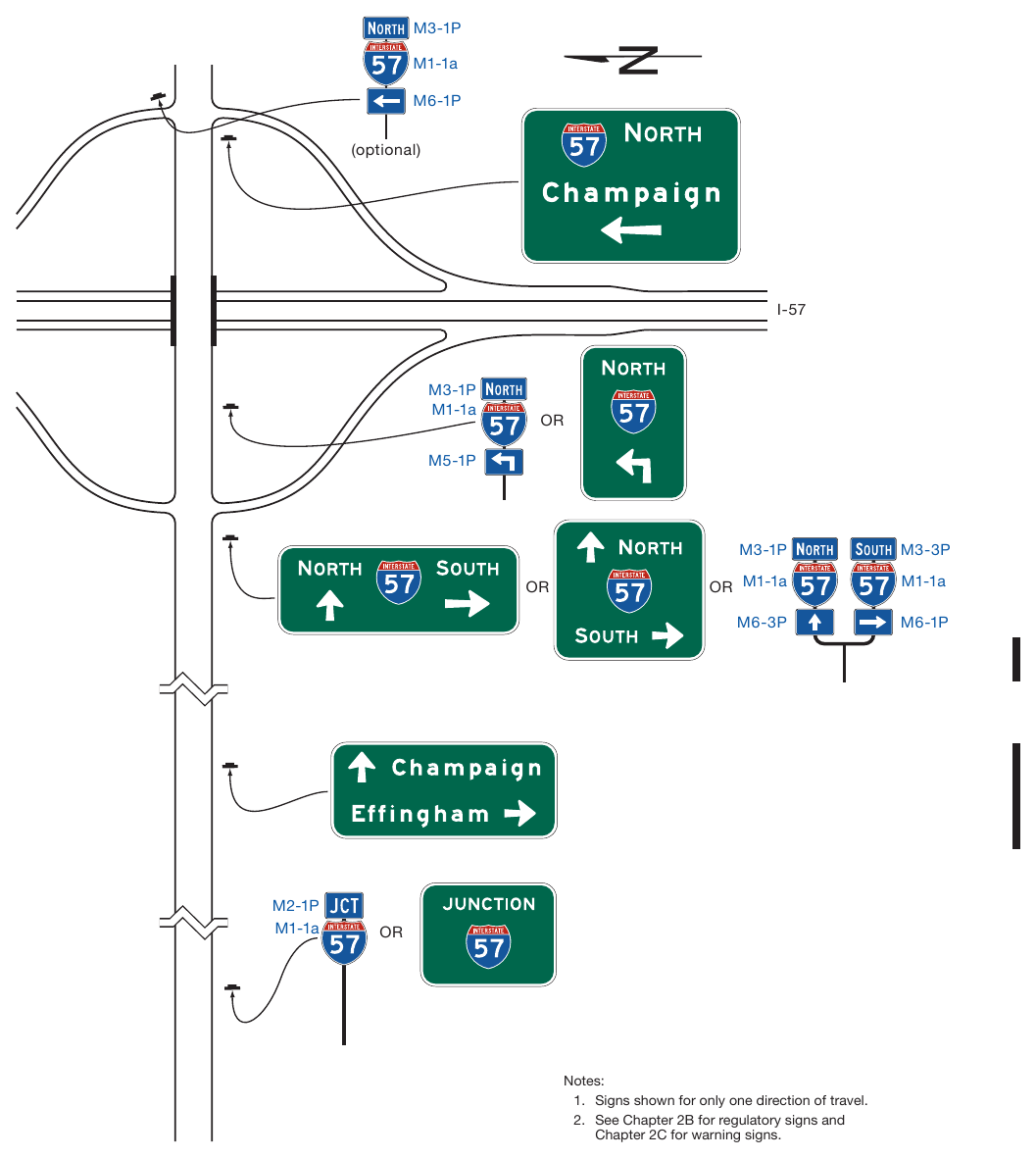 Figure 2D-15. Example of Interchange Crossroad Guide Signing for a One-Lane Approach