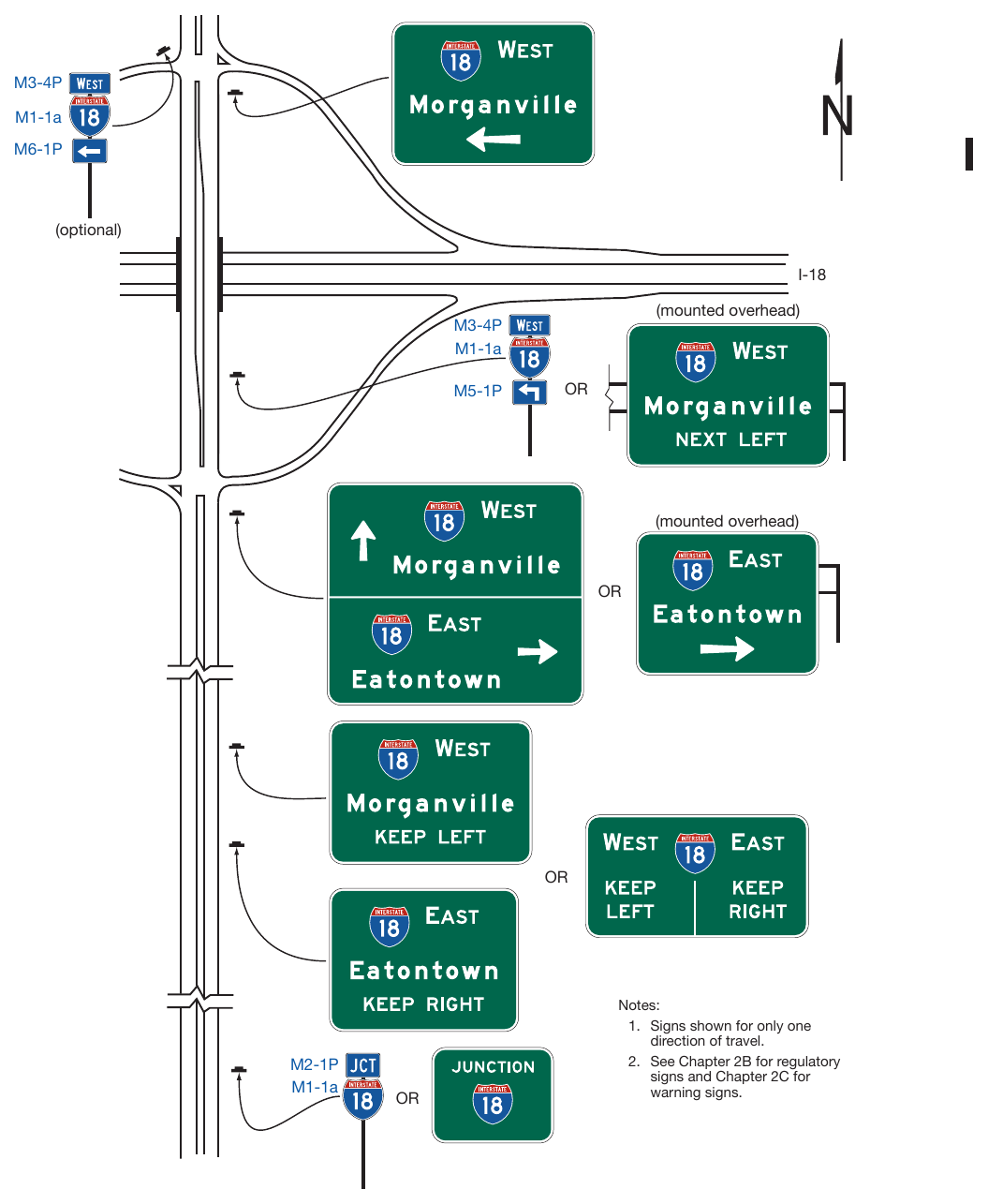 Figure 2D-17. Examples of Multi-Lane Crossroad Guide Signing for a Diamond Interchange