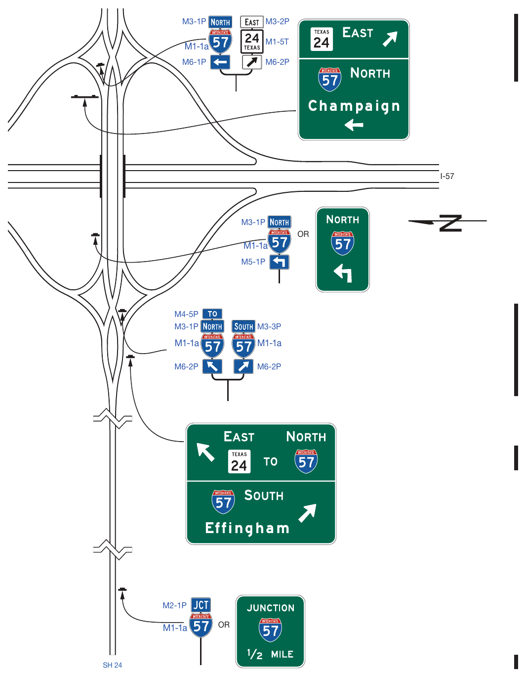 Figure 2D-21. Example of Transposed Alignment Crossroad Guide Signing at a Diamond Interchange